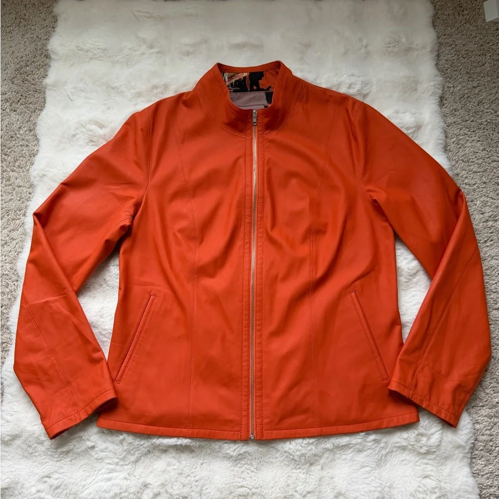 KIRCILAR Reversible Ultra Soft Leather Jacket Orange Abstract Print - 4 / L